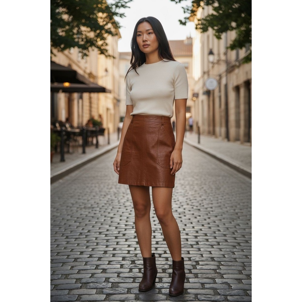 Faux Leather Mini Skirt Brown Poly‎ Viscose Blend By Shinestar, Sz L